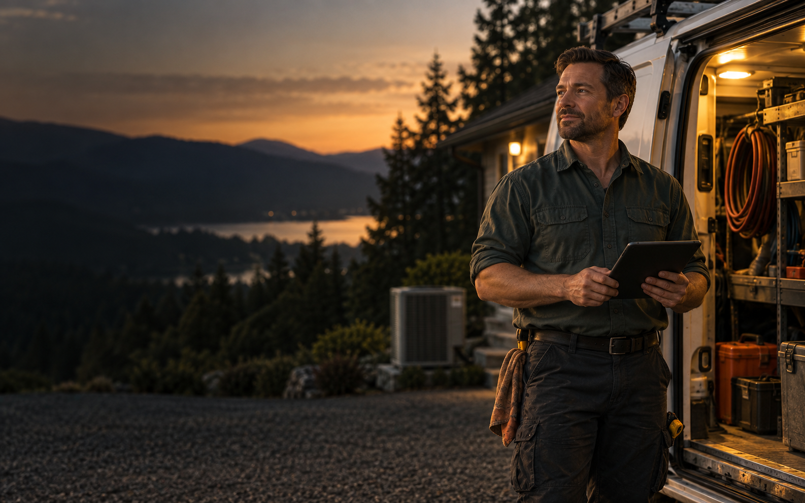 HVAC business owner reviewing a tablet beside a service van at dusk